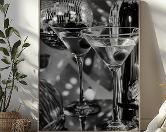 Martini Wall Art, Black Girl Bar Cart Art, Black fashion art, Black art, Cool Apartment Wall Art, Trendy Cocktail Wall Art, Retro Disco Ball
