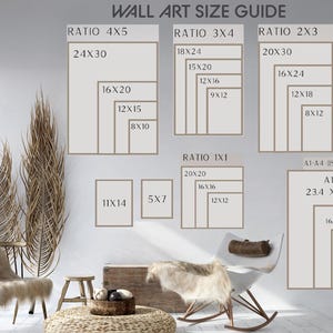May include: A wall art size guide with different ratios and measurements in inches. The guide includes ratios of 4x5, 3x4, 2x3, and 1x1. The guide also includes standard paper sizes like A1, A2, A3, and A4.