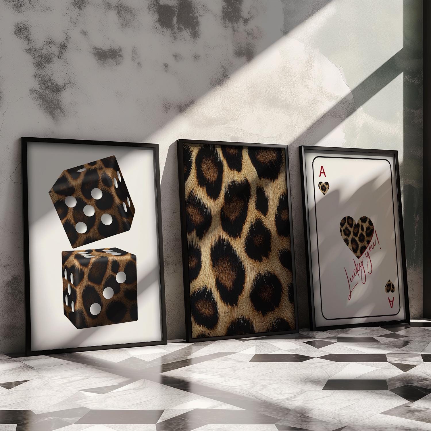 Cheetah Wall Art Prints Set of 3 Wall Decor Leopard Print Dice Lucky ...