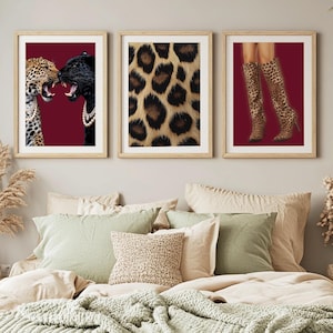 Burgundy Leopard and Jaguar Prints Set of 3 Wall Art