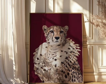 Luxury Cheetah Wall Art, Jewelry Leopard Print, Burgundy Home Decor, Printable Wall Art, Digital Download, Leopard Wall Art, Animal Print