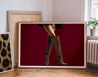 Burgundy Leopard Boots Art Print: Retro Girly Home Decor (Digital Download)