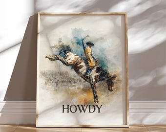 Howdy Western Rodeo Wall Art Retro Painting Cowboy Decor Printable Horse Vintage Art Digital Download