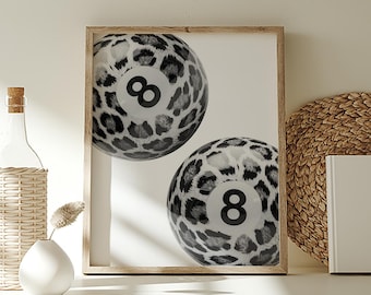 Trendy Leopard Prints, 8 Pool Ball Print, Black and White Decor, Lucky you Poster, Above Bed Art, Cheetah Wall Art, Billiard Ball Cheetah