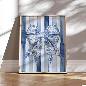 Blue Coquette Bow Botanical Wall Art Decor Blue Stripes Minimalist Wall Art Botanical Print Wall Art Floral Digital Beach House Wall Art