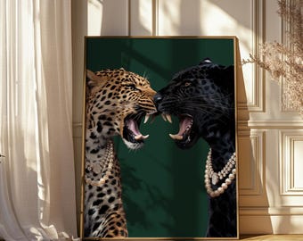Leopard and Jaguar Print Panther Wall Art Vintage Photography Fashion Print Printable Wall Art Digital retro Dark Green leopard Luxury Decor