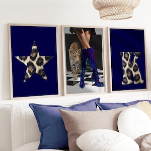 Custom Initial Wall Art, Trendy Leopard, Dark Blue Wall Art Set of 3, Girly Dorm Decor, Leopard Boots Poster, Cheetah Print, Navy Blue