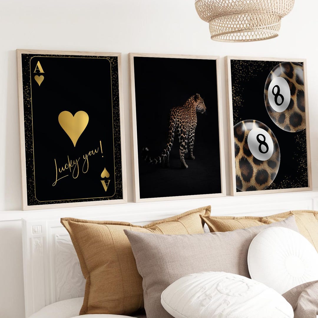 Set of 3 Leopard Wall Art Cheetah Print Y2k Aesthetic Black Gold Ace ...