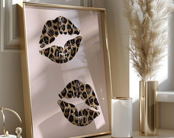 Leopard Kiss Lips Wall Art Trendy Poster Lips Print Digital Prints Preppy Dorm Trendy Art Print Funky Print Fashion Wall Art Make Up Art