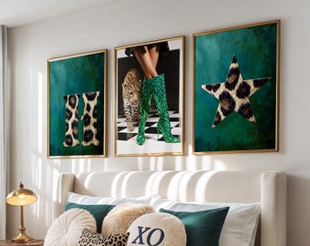 Custom Initial Leopard Print Wall Art: Green Dorm Decor Set (Digital Download