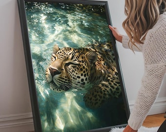 Leopard in Water Wall Art Print Luxury Leopard Home Decor Printable Wall Art Digital Download Leopard Luxury Wall Art Animal Print