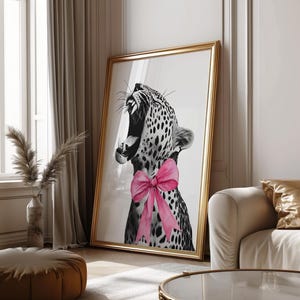 Roar Leopard with Pink Coquette Bow Print, Panther Wall Art, Digital Printable Wall Art,  Girly Wall Art