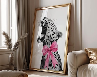 Roar Leopard with Pink Coquette Bow Print, Panther Wall Art, Digital Printable Wall Art,  Girly Wall Art