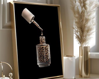 Vernis à ongles imprimé léopard : oeuvre d'art murale noire pour salon de beauté (téléchargement numérique)