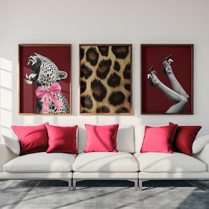 Burgundy Leopard and Jaguar Prints Set of 3 Wall Art Leopard Print Trendy Wall Gallery Preppy Cheetah Print Wall Art Butterfly Leopard Fur