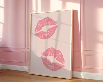Kiss Lips Wall Art Trendy Poster Pink Lips Print Digital Prints Preppy Dorm Trendy Art Print Funky Print Fashion Wall Art Make Up Wall Art