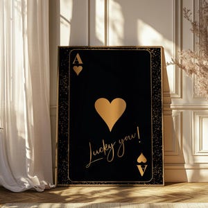 Harten aas zwart en roségoud print trendy retro digitale download goud girly kamer decor poster slaapzaal kunst aan de muur Lucky You kaart wordt afgedrukt