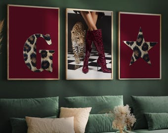 Custom Initial Wall Art Trendy Leopard Aesthetic, Burgundy Wall Art Set of 3, Lucky Girly Dorm Decor, Leopard Boots Poster, Cheetah Print