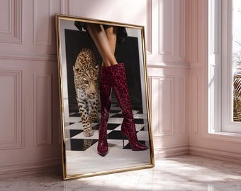 Imprimé bottines léopard bordeaux : oeuvre d'art murale rétro chic (téléchargement numérique)