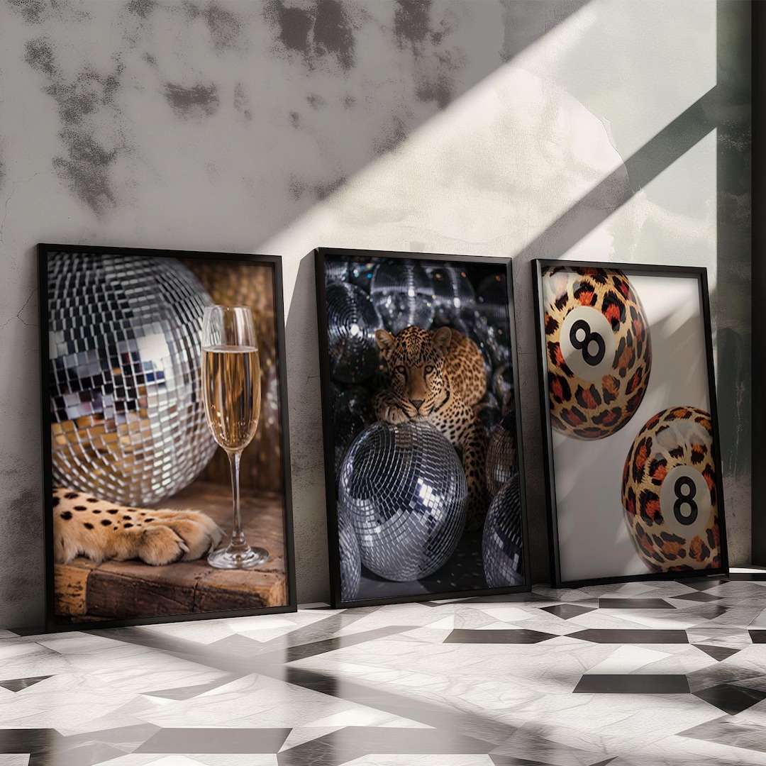 Cheetah Disco Ball Wall Art Prints Set of 3 Lucky Poster 8 Pool Ball ...
