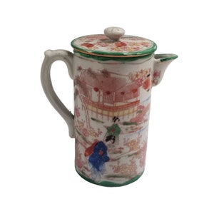 Japanese Geishas Moriage Chocolate Pot Green Border Hand Painted Pitcher Teapot