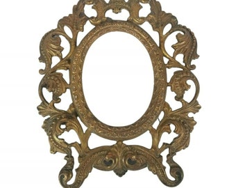 Antique Victorian Ornate Gold Metal Oval Frame: Scroll Leaf Design