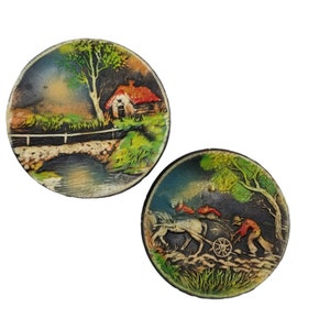Vintage Hand Painted Folk Art Terracotta Wall Plate Red Clay Pottery Landscape Scene