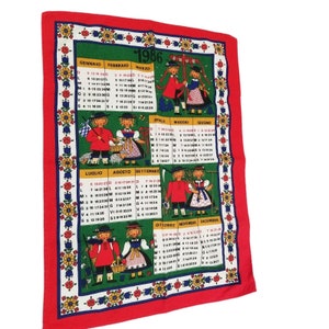 Vintage Calendar Tea Towel Italian 1986 Folk Art Colorful Italy Kitchen Decor