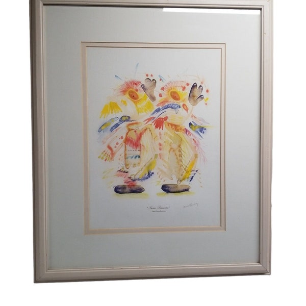 Native American Watercolor Artist Print Signed Daniel Borja Ramirez Twin Dancers, Framed Matted, Behind Glass, Art Print, Signed, Chippewa