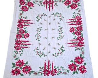 Vintage Christmas Tablecloth Poinsettia Candles Holly Pinecones Red Green 51x58