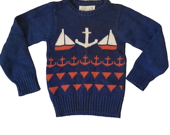Vintage Toddler Sweater Unisex Sz S J.G. Hook Blue Sailboats Nautical Anchor Red