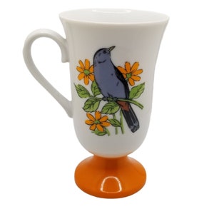 Vintage Tundra Japan Tall Coffee Mug with Birds  Pedestal Cup Orange Flowers