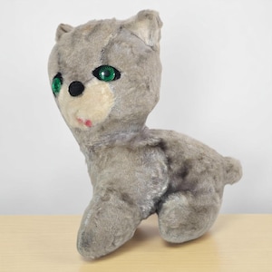 Vintage Cat Plush Stuffed Animal Toy Gray Kitty Kitten Green Eyes Retro Mohair