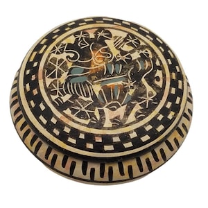 Vintage Greek Pottery Trinket Box Terracotta Handmade Greece Leo Lion Constellation