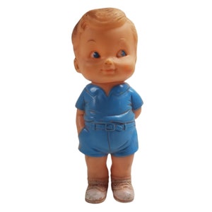 Vintage Rubber Boy, Squeak Toy, Blue Outfit, Rempel, 1956