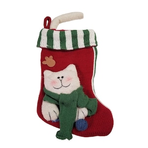 Vintage Christmas Stocking Cat 3D Plush 1990s Scarf Stripes Kitten Kitty Holiday