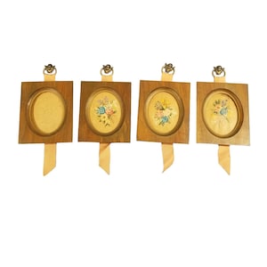 Wooden Oval Frames Cherubs Holding Ribbons to Hang Frames Glass Floral Paintings