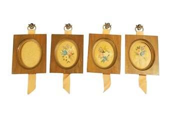 Wooden Oval Frames Cherubs Holding Ribbons to Hang Frames Glass Floral Paintings