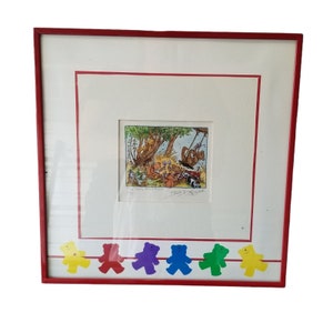 Vintage Picture TEDDY BEARS Picnic Framed SIGNED & Numbered 17/25  12&quot; x 12”, Rainbow Bear, 80s frame, Red Teddy Bear, Yellow Teddy