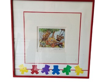 Vintage Picture TEDDY BEARS Picnic Framed SIGNED & Numbered 17/25  12" x 12”, Rainbow Bear, 80s frame, Red Teddy Bear, Yellow Teddy