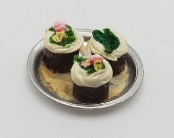 Vintage Artesian Dollhouse Miniature Chocolate Cupcakes on Platter Dessert Food