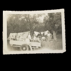 Found Photo Vintage Photograph Black and White Family Vacation Photo Wagon Camping Children Tent Clothesline Trailer Family  Old Picture