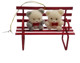 Flocked Mini Bears Red Metal Christmas Ornament Fuzzy Teddy Holiday Decor VTG