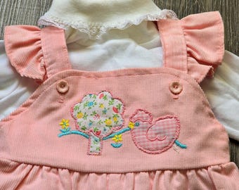 Vintage Carters Overalls Outfit Pink Girls 2 Toddler Corduroy Lace Ruffle 80s