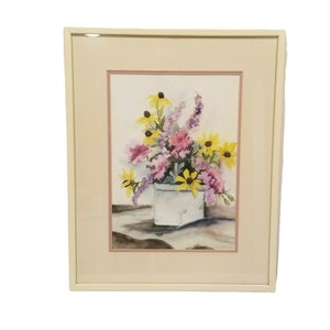 Original watercolor, Watercolor Painting, Flowers, Floral ,Eyed Susan, Framed and Matted,  1986, frame with glass, Soft colors, Bouquet