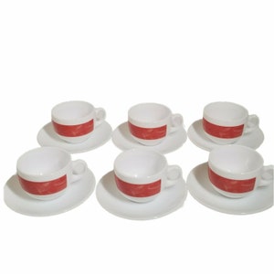 Arcopal France Milk Glass Demitasse set of 6 Red Stripe Tea Cups & Saucers Latte