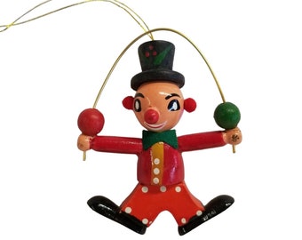 Vintage Wooden Christmas Ornament Clown SSCO Circus Holiday decor Wood Juggle