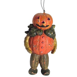 Pumpkin Man Halloween Ornament Jack O Lantern Figurine Folk Art Rustic Whimsical