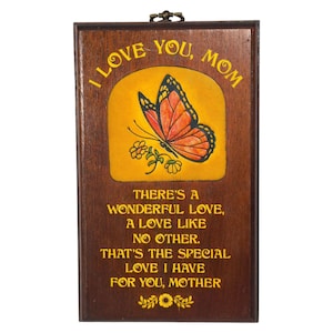 Vintage 1978 Wallace Berrie Mom Plaque Butterfly Wood Sign Mother Gift Decor