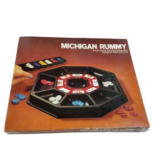 Jeu de rami Michigan vintage 1974 par Milton Bradley Billard, rami, jetons, plateau, cartes pour 3 à 8 joueurs, jeu complet